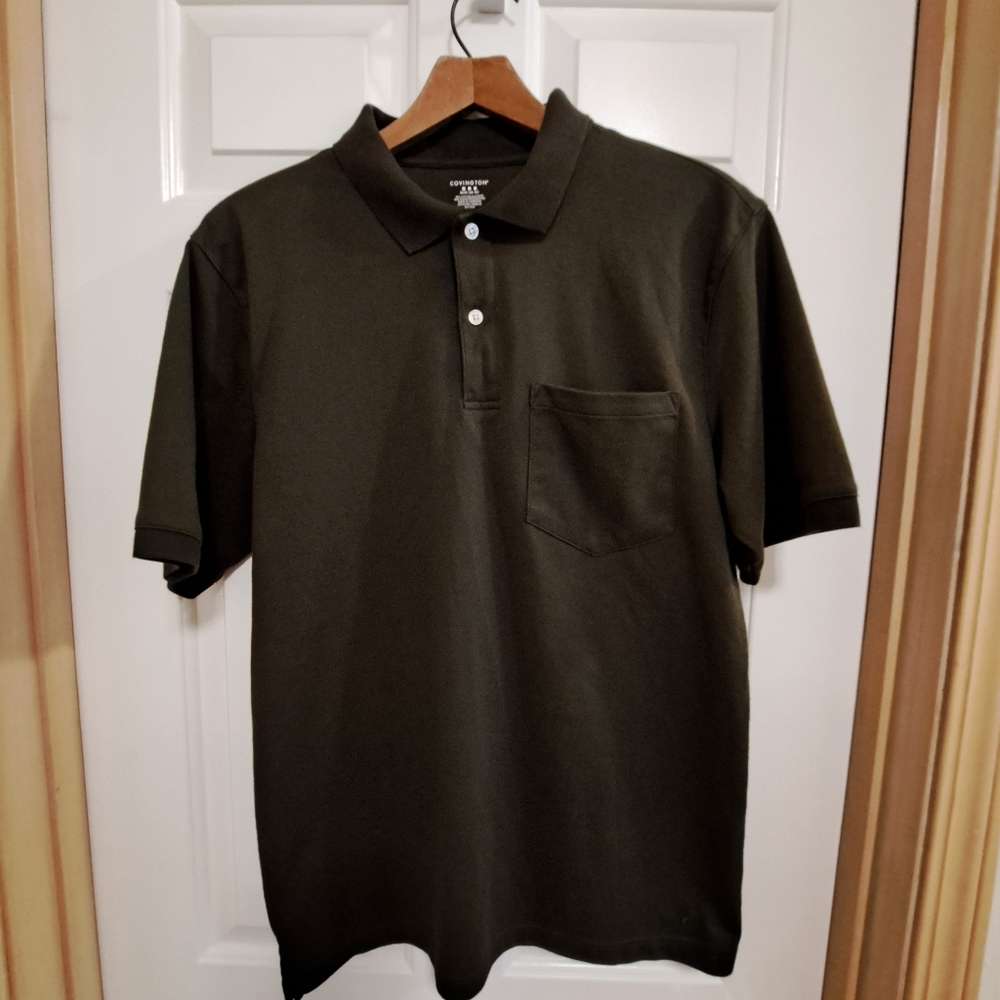 Covington two-button henley style, short sleeved polo shirt, brown. Size L